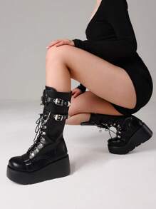 Women Punk Motorcycle Boots Platform High Wedge Heel Metal Buckle Side Zipper Lade Up Round Toe Shoes Cool Fashion Gothic Boots For Woman - màu đen - Xem 5