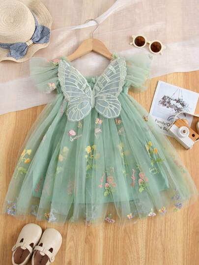 1pc Young Girl Lovely Ladylike Princess Dress With 3D Butterfly Decoration, Cap Sleeves, Floral Embroidery, And Puffy Tulle, Perfect For Parties, Birthdays, Beach Vacations, And Other Special Occasions, Spring/Summer/Autumn