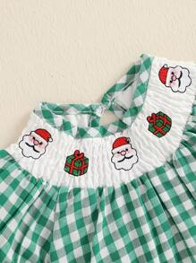 Baby Christmas Smocked Bubble Romper Plaid Santa Claus Gingerbread Embroidery Short Sleeve Crewneck Bodysuit Newborn Playsuit - 綠色 - 查看 4