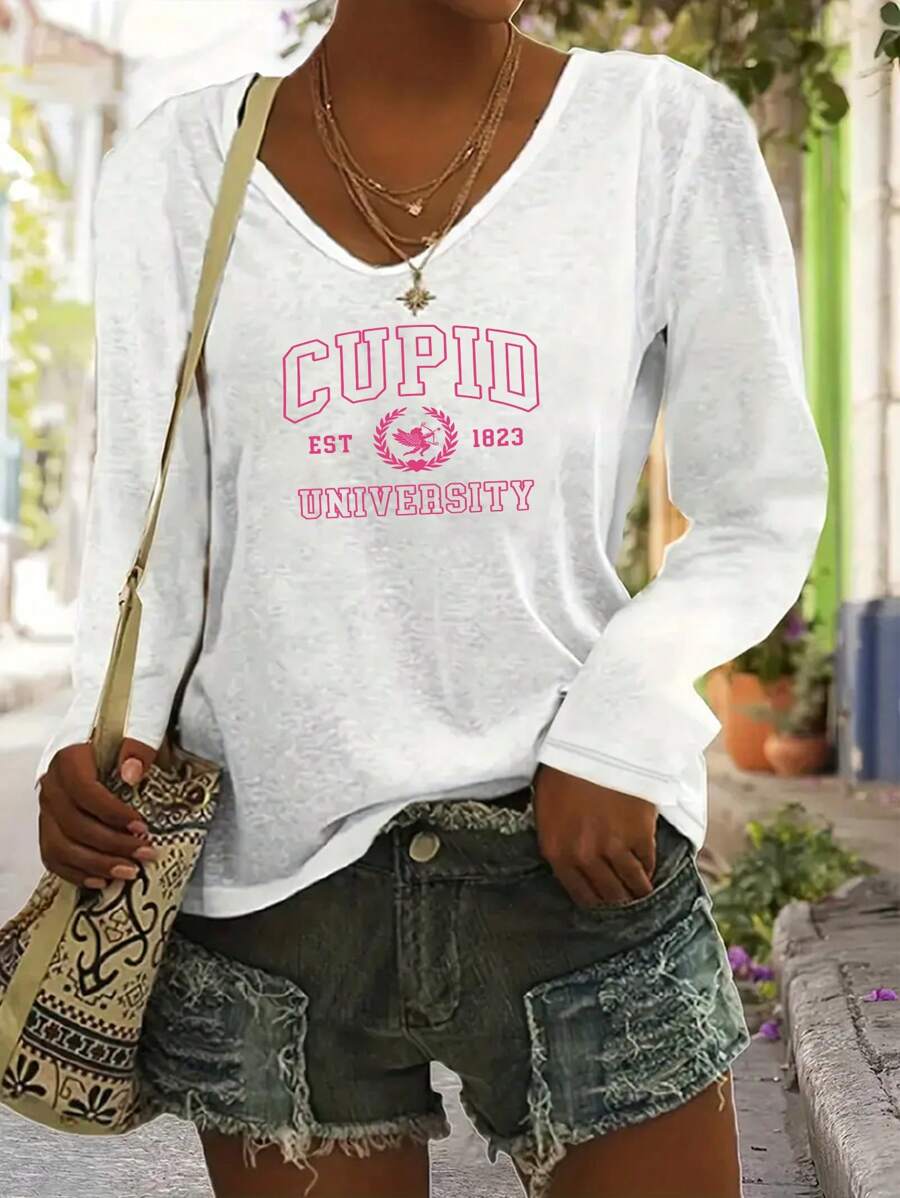 Cartoon Letter Pattern Ladies' Casual V-Neck Long Sleeved T-Shirt With Printed Pattern - Stretchy Polyester Blend, Machine Washable - Perfect Choice For Autumn And Winter Seasons - 白色 - 查看 1