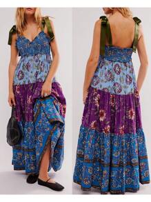 Women Summer Casual Cami Long Dress Floral Print Tie-Up Shoulder Straps Sleeveless Dresses Long Dress Summer Vacation Beach Sundress Big Swing A-Line Dress - Màu xanh lam - Xem 7