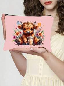 1 件可爱奶茶高地牛印花美容包，大容量轻便拉链收纳袋（拉链方向随机），适合作为男士和女士旅行洗漱包，完美的节日礼物，送给朋友的礼物，波西米亚风