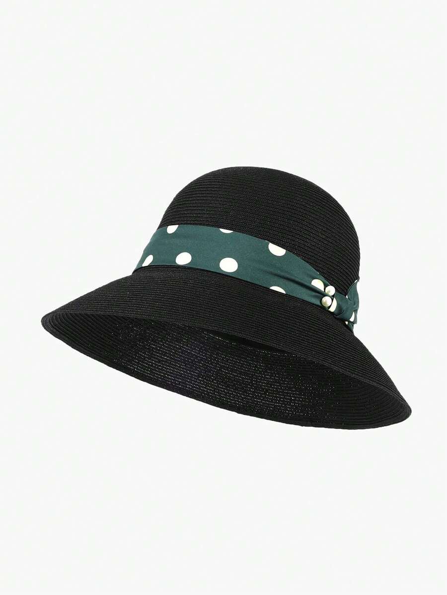 LEAJOURNO. 1pc Elegant Rolled Brim Wide Brim Polka Dot Sun Hat, Women Summer Sunscreen Sun Protection Hat - Black - View 1