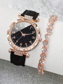 2pcs Fashion Minimalist Rhinestones Embedded Floral Dial Black Numeral Quartz Watch With Heart Shaped Rhinestone Bracelet, Gift For Children, Versatile Item