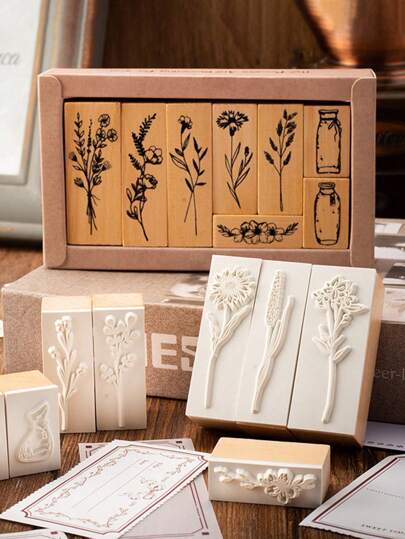 8pcs/Set Vintage Flower Stamps Set, Retro Lotus Stamps Set, Botanical Stamp And Stamp Seal For Plant&Flower Themed Journaling, Scrapbooking, Album, DIY Decoration Essentials (Random Style)