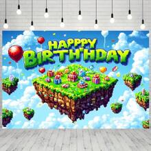 1pc Vibrant Pixel Art Floating Island Birthday Banner Backdrop Banner Backdrop Photography Wall Perfect For Living Room, Bedroom, Office, Birthday Anniversary, And Home Decor & Party Photo Backdrop For Outdoor Indoor - Apricot - View 6