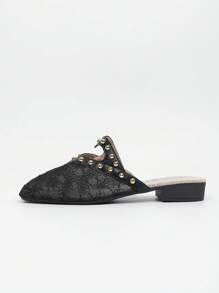 Grün & Gold dekorativer Knopf quadratische Zehenkappe flacher Absatz Slip-On Mules für Frauen, atmungsaktive geschlossene Zehenkappe rückenfreie Slides, Spitzennetzstoff für Kleider, flache ausgestellte Sandalen für den Sommer - Schwarz - Übersicht 10