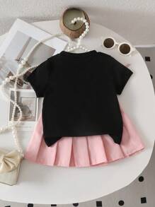 2pcs/Set Baby Girl 3D Bow T-Shirt And Pleated Skirt Outfit, Casual Cute Style For Outdoor Play - Multicolor - View 2