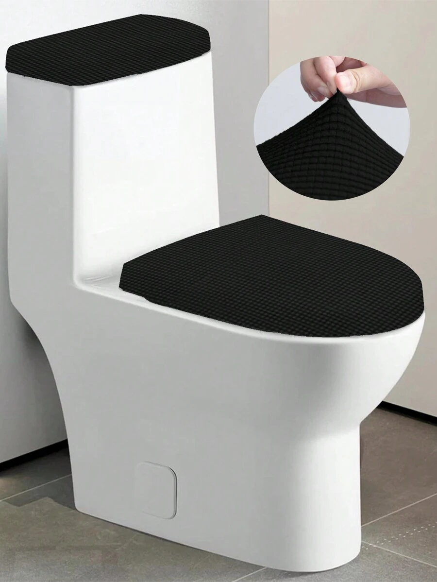1 Set Solid Color Jacquard Corn Grain Toilet Seat Cover And Toilet Tank Cover, Stretch Toilet Seat Cover Set For Bathroom, Suitable For Small Size Toilet Tank And Lid, Home Decor - Black - View 1