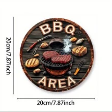 1 Biển báo tròn bằng kim loại lấy cảm hứng từ phong cách cổ điển cho khu vực nướng thịt, có hình ảnh bít tết và dụng cụ, chủ đề tiệc nướng ngoài trời cho quán bar/quán cà phê/sân sau cổ điển - Nhiều màu - Xem 3