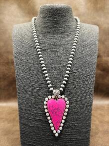 1buc la modă Retro Western Country Style Pink Stone CCB Cu margele În formă de inimă Colier pandantiv, Stil 7 straturi cu margele, potrivit pentru femei și fete pentru a se potrivi cu ținuta de zi cu zi, accesorii de petrecere, bijuterii, cadou pentru familie/prieteni/dvs.