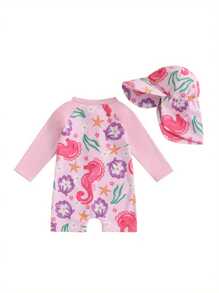 Toddler Girl Rash Guard Swimsuit Floral Print Long Sleeve Mock Neck Zipper Bathing Suit With Hat Set