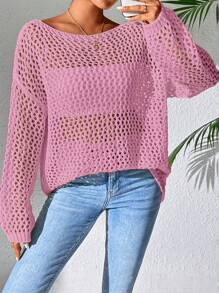 Women Solid Color Crew Neck Long Sleeve Casual Hollow Out See-Through Knit Sweater