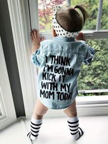 Baby Girls Autumn Warm T-Shirt, Toddler Denim Letter Print Long Sleeve Blouse Top