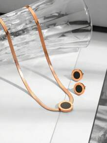 3pcs/Set Vintage Stainless Steel 18K Gold Plated Circular Plate & Roman Numeral Decor Earrings & Necklace Set