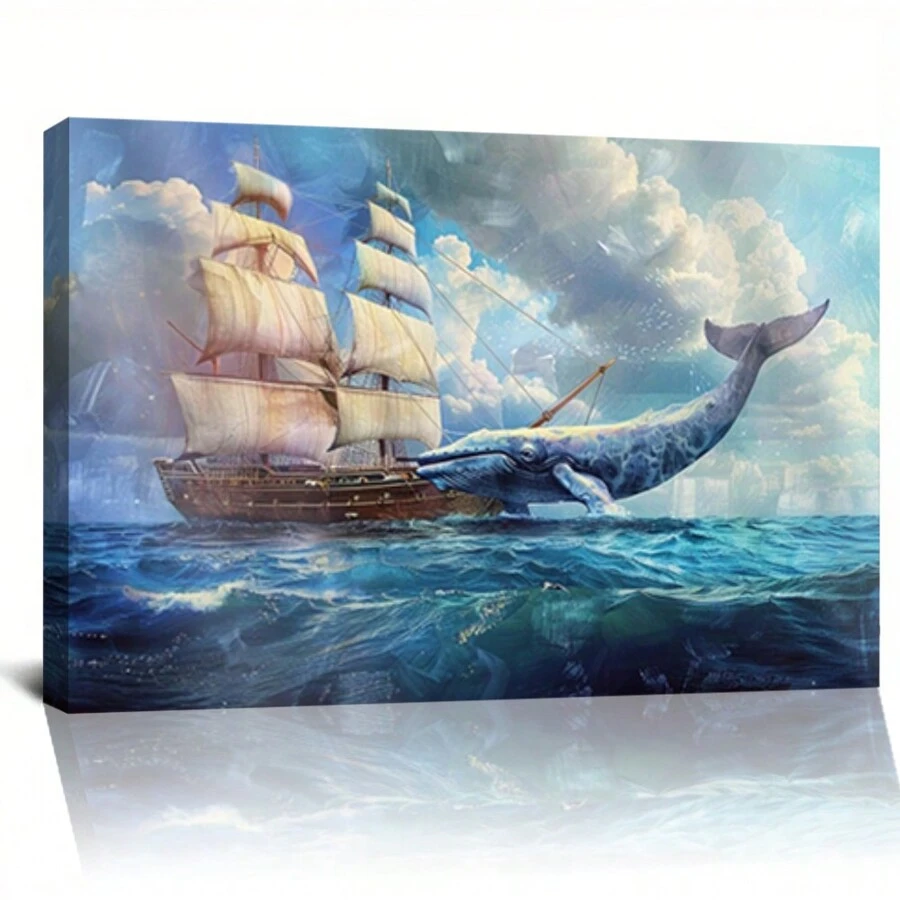 Framed American Whaling Ship With Sperm Whale  Print On Poster, Poster, Art Prints, Wall Art Decor, Print - Framed - View 1