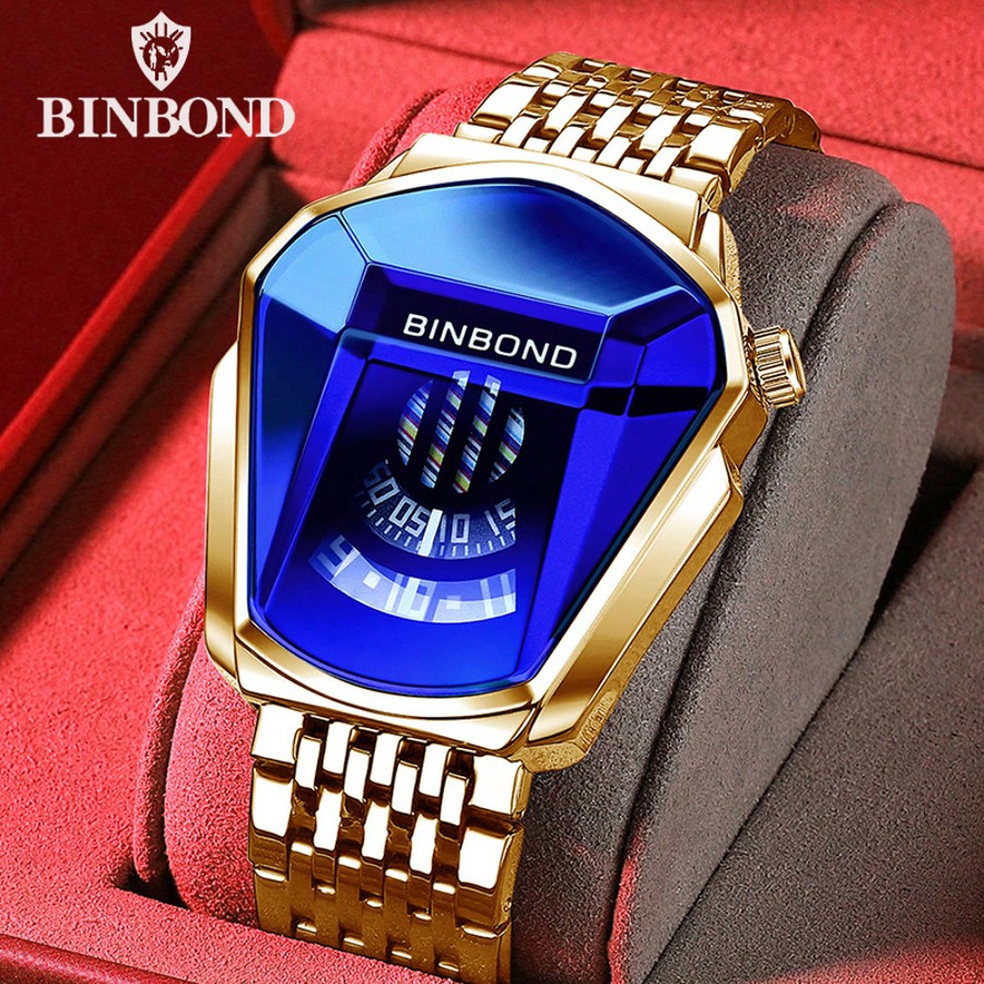 Reloj de cuarzo personalizado BINBOND nuevo concepto, relojes de moda creativos para hombres, de acero inoxidable dorado azul, impermeable, reloj para