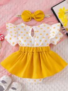 Conjunto de 2 piezas de verano para niñas pequeñas, mono de manga corta con bordado de oso y diadema, ropa para recién nacidas - Amarillo - Ver 2