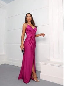 Long Party Dress Slit Rhinestone Strap Knot Front Bridesmaid Prom Elegant Event Birthday - Fuchsia - View 2