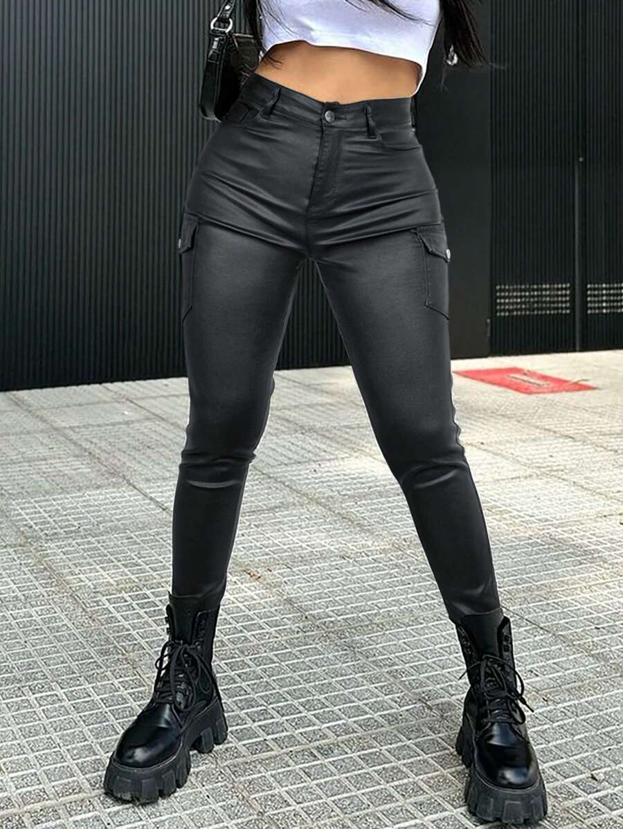 Y2K 高腰翻盖口袋侧边 PU 皮革弹力修身工装七分裤