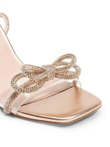 Women Double Bowknots Heeled Sandals Open Square Toe Ankle Strap Crystal Rhinestone Dress Sandals For Party Wedding - Rượu sâm banh - Xem 7