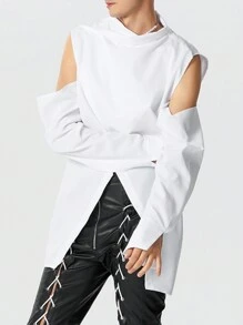 INCERUN Fashion Mens Stand Neck Cut Out Off-Shoulder Long Sleeve Tops Asymmetric Hem Casual Loose Shirt Blouse - 白色 - 查看 4