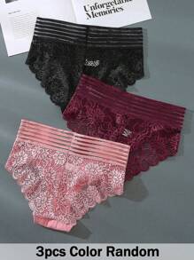 APRSEA 3pcs/Set Ladies' Sheer Stripe High Waisted Belted Sexy Lace Spliced Triangle Panties
