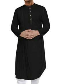 Runcati Men's Kaftan Thobe Cotton Linen Henley Shirt Long Sleeve Robe Casual Muslim Kurta Gown - màu đen - Xem 2