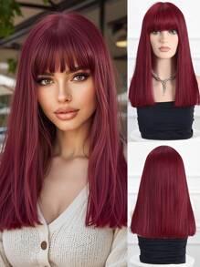 16 Inch Red Wig With Bangs,Straight Wigs For Women,Long Straight Heat Resistant Synthetic Wig For Fashion Women Goth Y2K Style