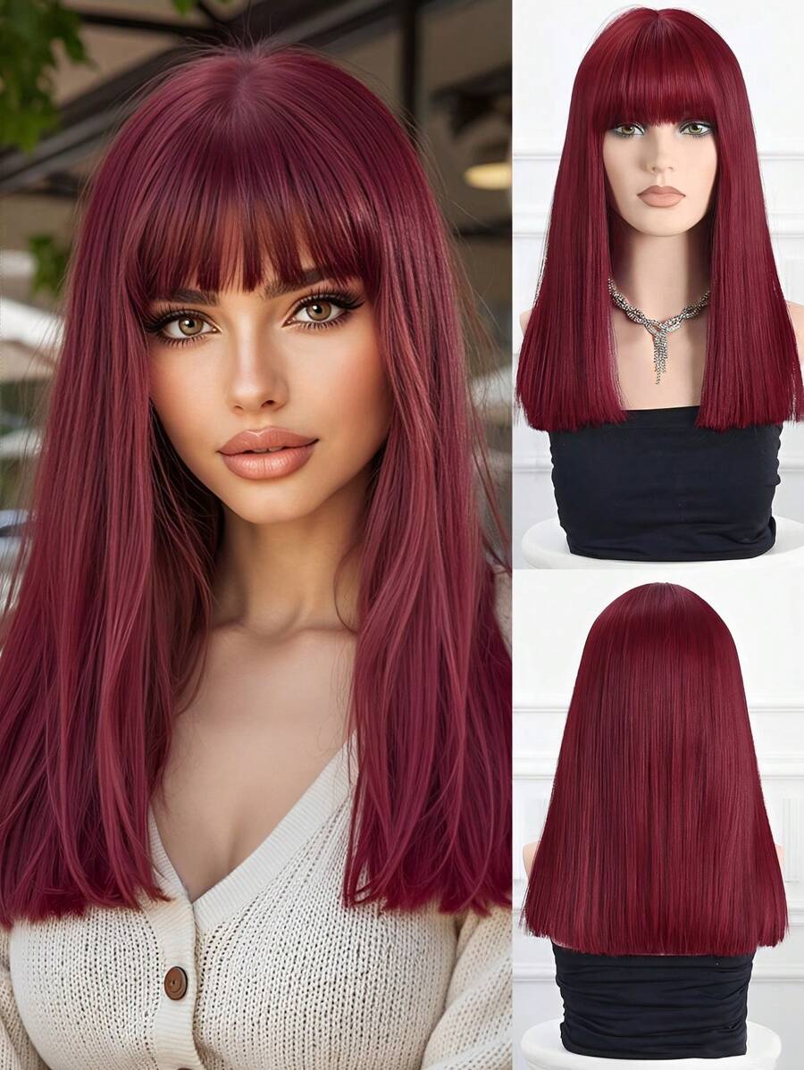 16 Inch Red Wig With Bangs,Straight Wigs For Women,Long Straight Heat Resistant Synthetic Wig For Fashion Women Goth Y2K Style