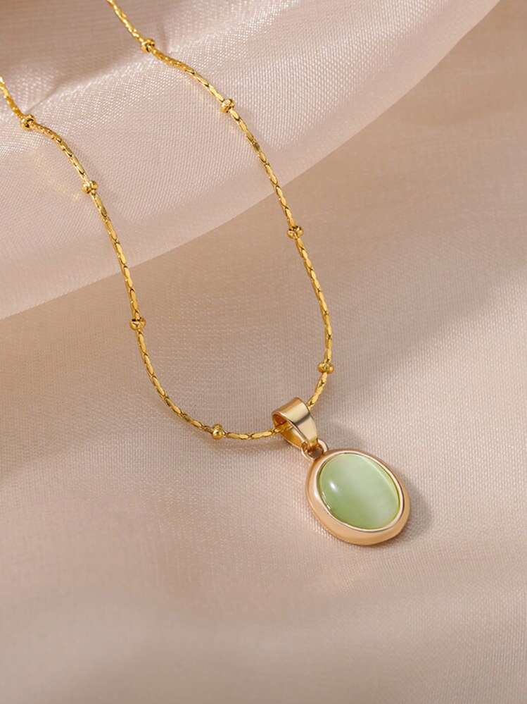 1 件椭圆形蛋白石吊坠项链女士精致粉色、蓝色、绿色天然宝石吊坠 18K 镀金不锈钢可调节项链女士珠宝时尚配饰 - 金黃色 - 查看 11