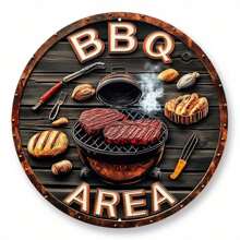 1 Biển báo tròn bằng kim loại lấy cảm hứng từ phong cách cổ điển cho khu vực nướng thịt, có hình ảnh bít tết và dụng cụ, chủ đề tiệc nướng ngoài trời cho quán bar/quán cà phê/sân sau cổ điển - Nhiều màu - Xem 5