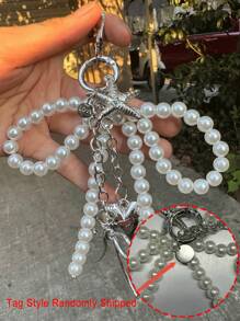 男女皆宜的Y2K可爱串珠蝴蝶结吊坠，时尚大号心形包包挂饰，银色心形旋转钩设计，弹簧扣，海星、蝴蝶结和心形元素手机挂饰钥匙扣 - 彩色 - 查看 7