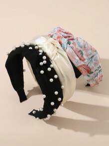 3 Stücke Damen Boho-Stil einfache Einfarbige & Blumen-Muster Perlenhaarband, geeignet für den täglichen Gebrauch