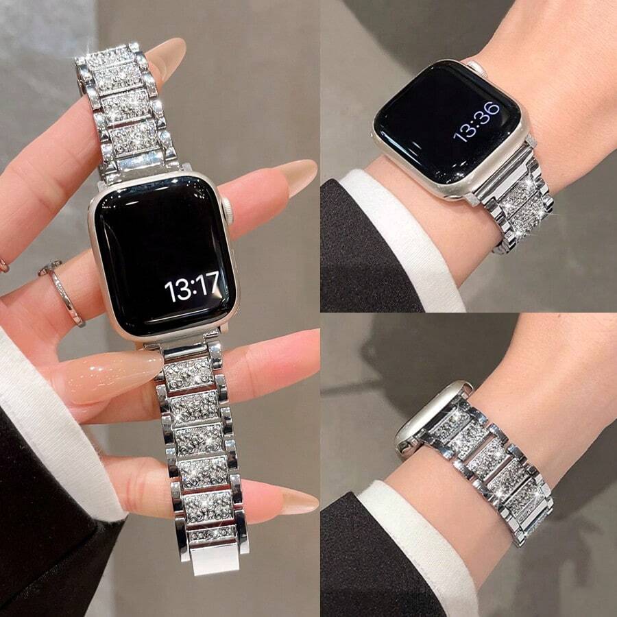 1 pieza Banda metálica con cristales completos compatible con mujeres para relojes de 38/40/41/44/45/49/42/46mm Series 11/SE3/Ultra3/Ultra/SE/SE2/10/9/8/7/6/5/4/3/2/1 - Plateado - Ver 1