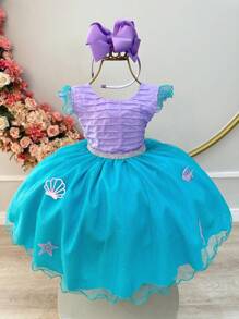 Mermaid Princess Birthday Party Themed Children's Dress With Seabed Appliques And Pleated Bust - Lilac Purple - View 2