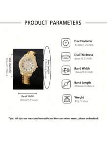 2pcs Gold Tone Alloy Roman Rhinestone Quartz Watch & Cuban Link Chain Bracelet Set, Fashion Party Birthday Gift Wristwatch - Gold - View 6