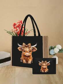 黑色亚麻手提包套装，饰以高地奶牛印花，适合婚礼、生日、海滩、度假等场合——是送给女性、母亲、教师、朋友、伴娘、学生以及返校季的完美礼物。