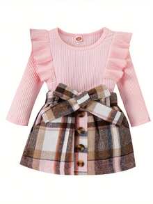 Toddler Girls Autumn Outfit Sets Pink Long Sleeve Ruffle Ribbed Tops + A-Line Plaid Skirt With Belt - 粉色 - 查看 1