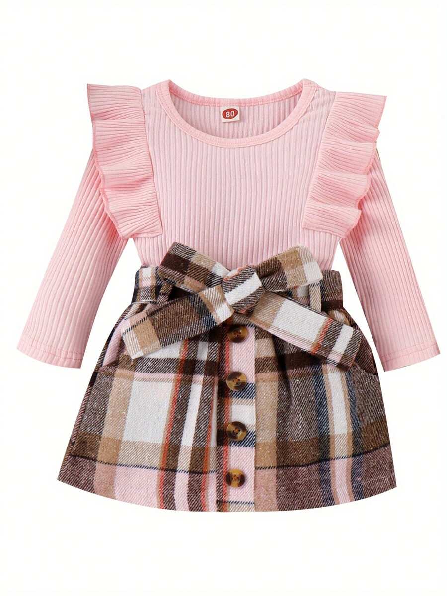 Toddler Girls Autumn Outfit Sets Pink Long Sleeve Ruffle Ribbed Tops + A-Line Plaid Skirt With Belt - 粉色 - 查看 1