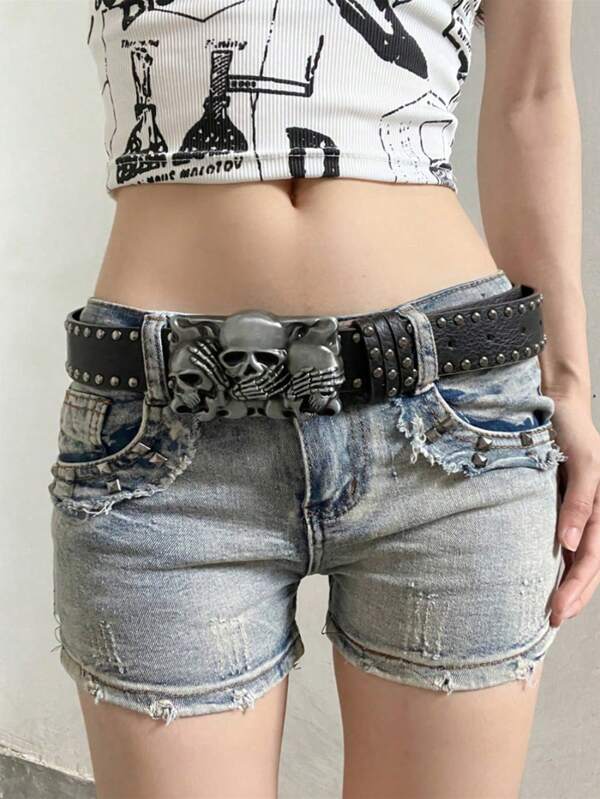 1 peça de cinto de couro sintético preto com decoração de rebite para festa de rave, estilo punk, fivela dupla, caveira, esqueleto, fivela Werster, Y2K, para mulheres, uso casual diário, festas, bailes de formatura, decorações brilhantes, passeios, presentes para namoradas, familiares, Halloween, verão, escola, outono, Halloween