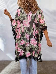 Plus Size Floral Print Side Split Open Front Cover Up Kimono, For Summer Beach Vacation - Multicolor - View 2