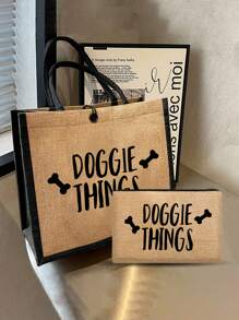 Dog Supplies Letter Print Handbag Set, Gift For Dog Owners And Pet Lovers, Includes Handbag, Cosmetic Bag And Mini Coin Purse, Featuring Favorite Dog Bone Design, Great Gift - Khaki - View 8