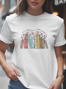 Women's It's A Good Day To Read A Book Valentines Day T-Shirt, 220gsm Round Neck Casual Heavy Pure Cotton T-Shirt (1 PC) - White - View 1