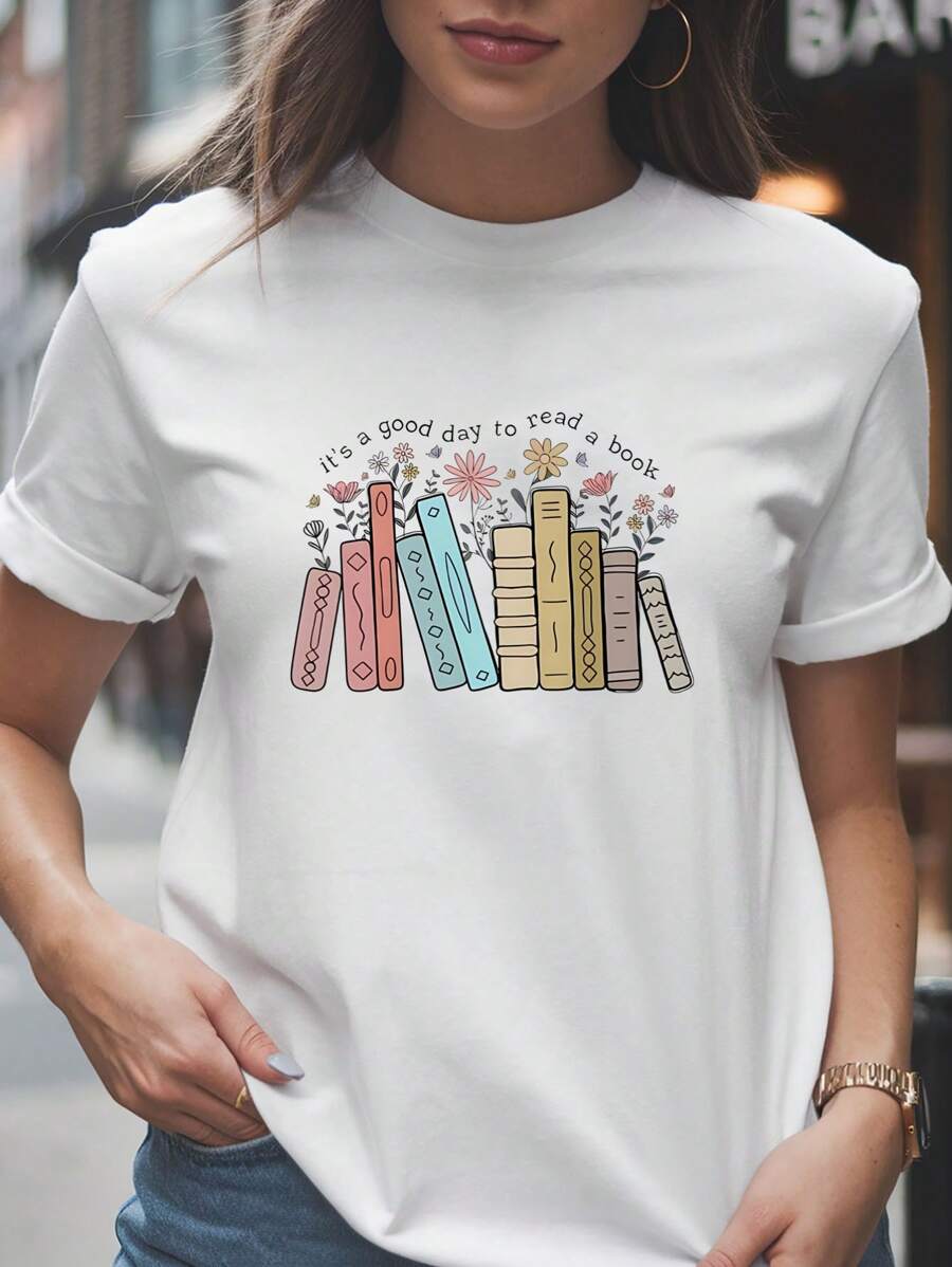 Women's It's A Good Day To Read A Book Valentines Day T-Shirt, 220gsm Round Neck Casual Heavy Pure Cotton T-Shirt (1 PC) - White - View 1