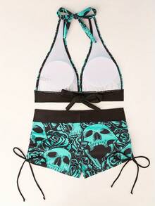 Skeleton Print Color Block Bikini Swimwear With Conservative Square Cut Bottoms, 2 Pieces Set - Green - View 3