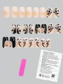 24pcs Spring/Summer Nail Stickers Set - Medium Square, Black & White French Stiletto, Decorated With 3D Rhinestones & Butterfly Patterns, Glossy Finish - Includes Jelly Gel And Nail File For Easy Application. Jelly Gel Shipped Randomly. Nail Art Supplies. - Black and White - View 2