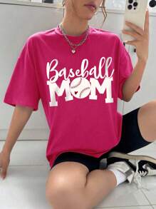 Women's Short Sleeve Drop Shoulder T-Shirt. Baseball Monogram, Suitable For Playing Baseball Activities, Party, Sports, Outdoor Leisure, City Roaming, Travelling And Other Scenes, Women's Short Sleeve Tops, Baseball, Monogram, Loose And Comfortable, Women's Tops, Women's Spring And Summer Short-Sleeve T-Shirt - Hot Pink - View 5