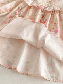 春季花朵图案女童连衣裙，休闲舒适，优雅年轻女士，粉色 - 粉色 - 查看 8