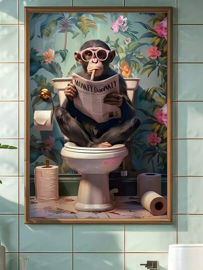 Charming Monkey Reading Newspaper On Toilet Optional Frame Canvas Wall Art, Perfect For Modern Living Room, Bedroom, Bathroom Decor & Gifts, Artistic Decoration Style, Modern Style, Minimalism Style, Animal Theme, Autumn, Spring